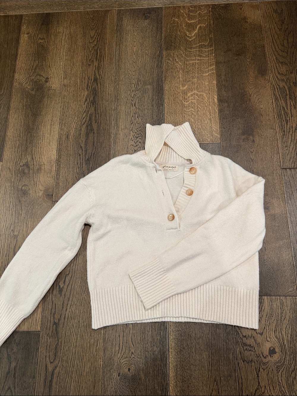 Free People Cream Ribbed Button-Front Turtleneck Sweater